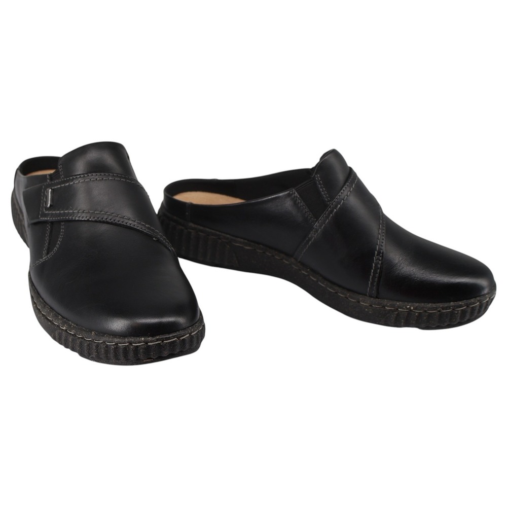 Black‎ Leather Slip On Mule Clogs Cushioned Low Heel Clarks Caroline Bay US 8